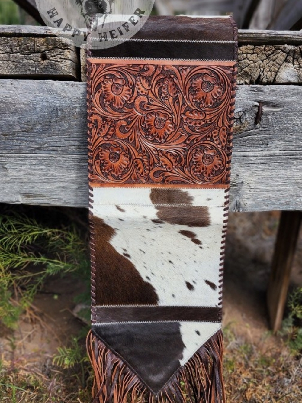 Hand-Tooled Leather & Cowhide Table Runner